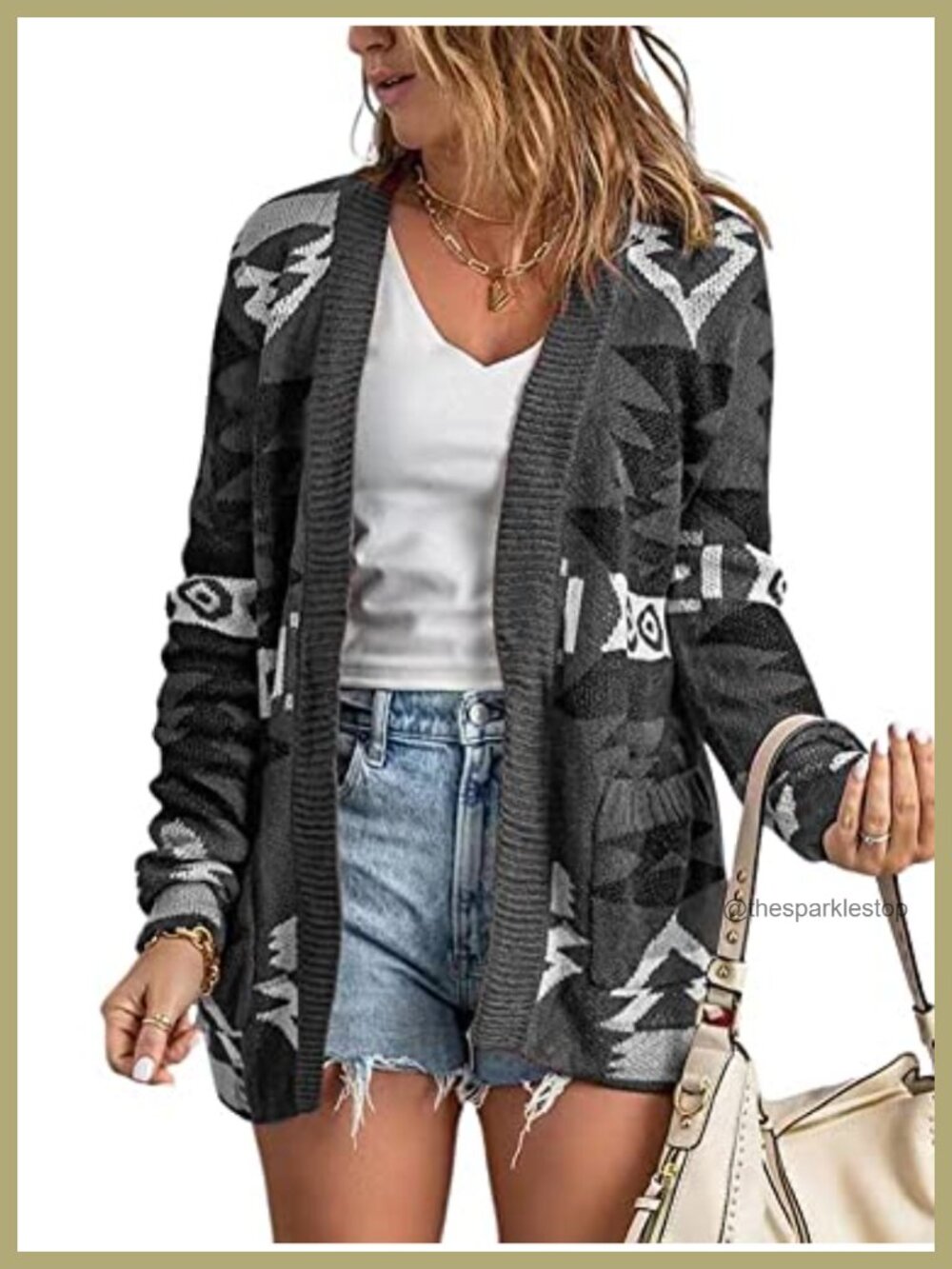 Tribal Aztec Print Open Front Knit Cardigan Sweater Long Sleeve
